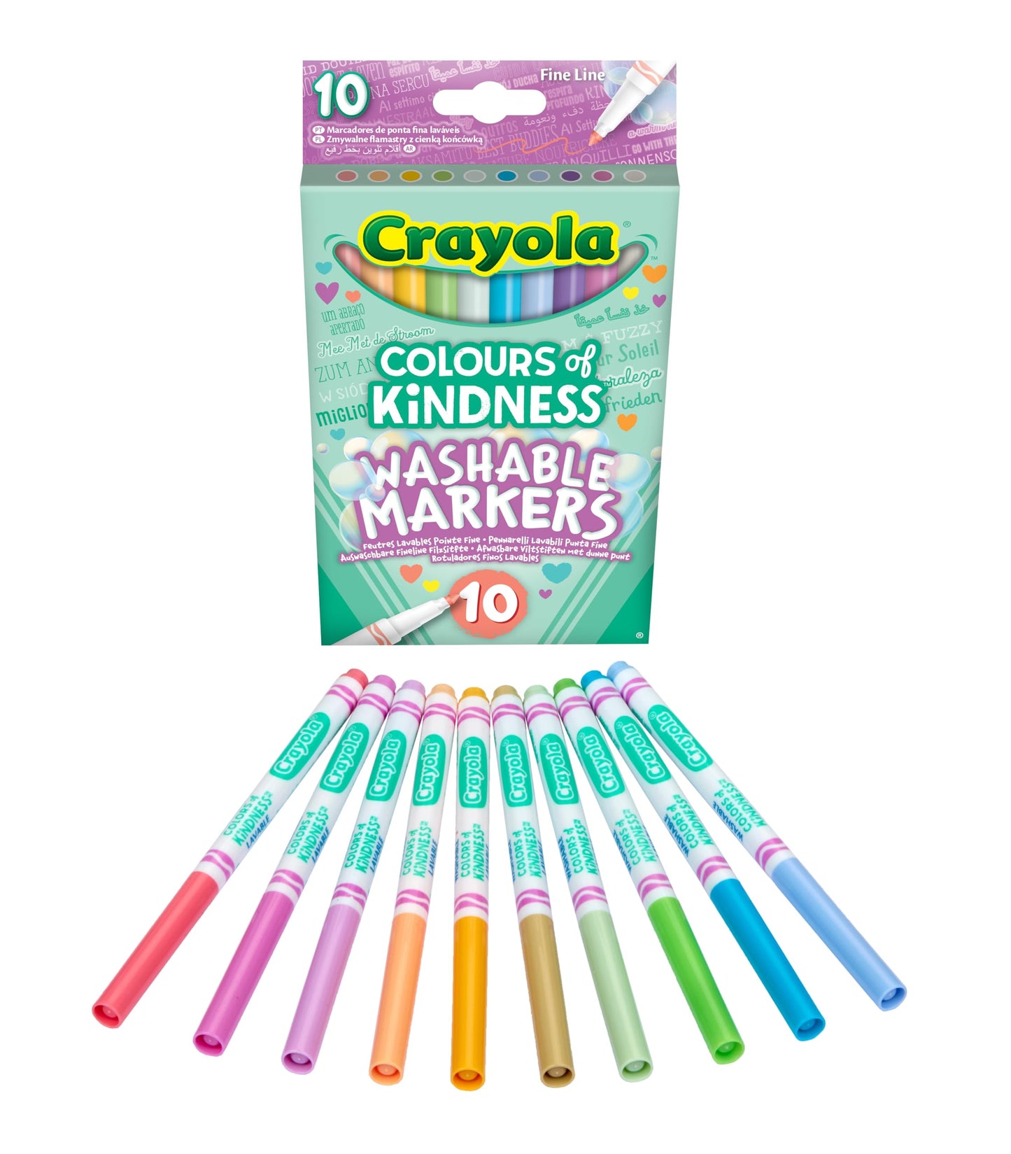 CRAYOLA Colours of Kindness Washable Fine Line Markers - Assorted Colours (Pack of 10) | Colours That Represent Good Feelings | Ideal for Kids Aged 3+